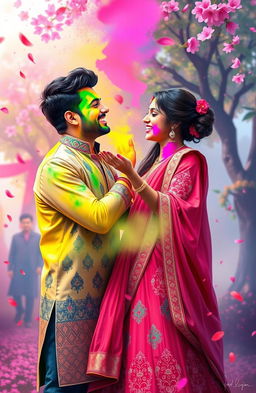 A vibrant digital painting of a romantic couple celebrating Holi, the Indian festival of colors