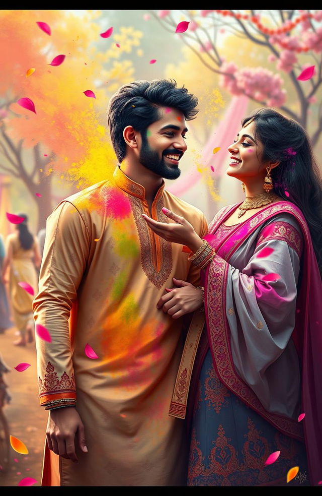 A vibrant digital painting of a romantic couple celebrating Holi, the Indian festival of colors