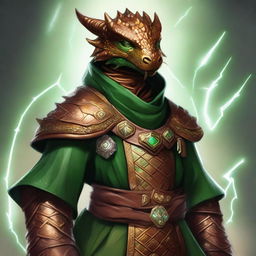 A striking digital art piece in a realistic style, featuring a young copper dragonborn