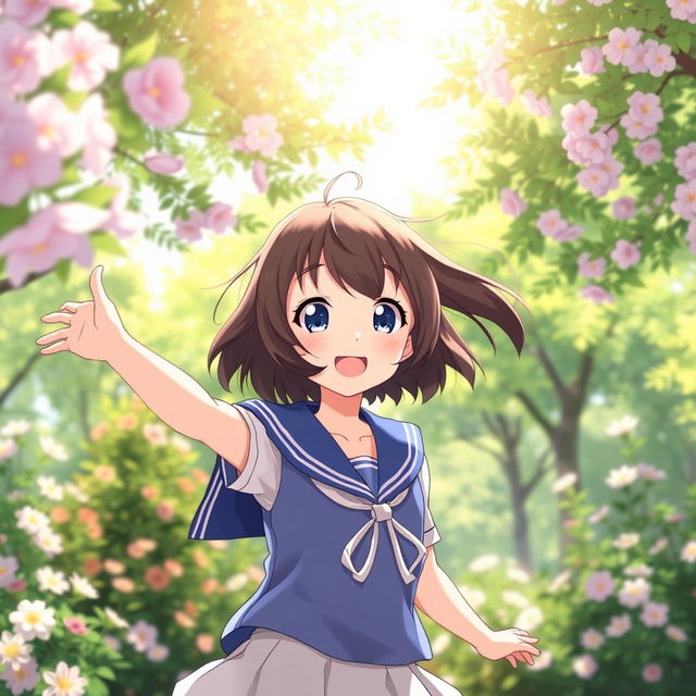 A cheerful anime girl character around the age of 8, featuring short dark brown hair and large bright blue eyes, dressed in an adorable sailor suit