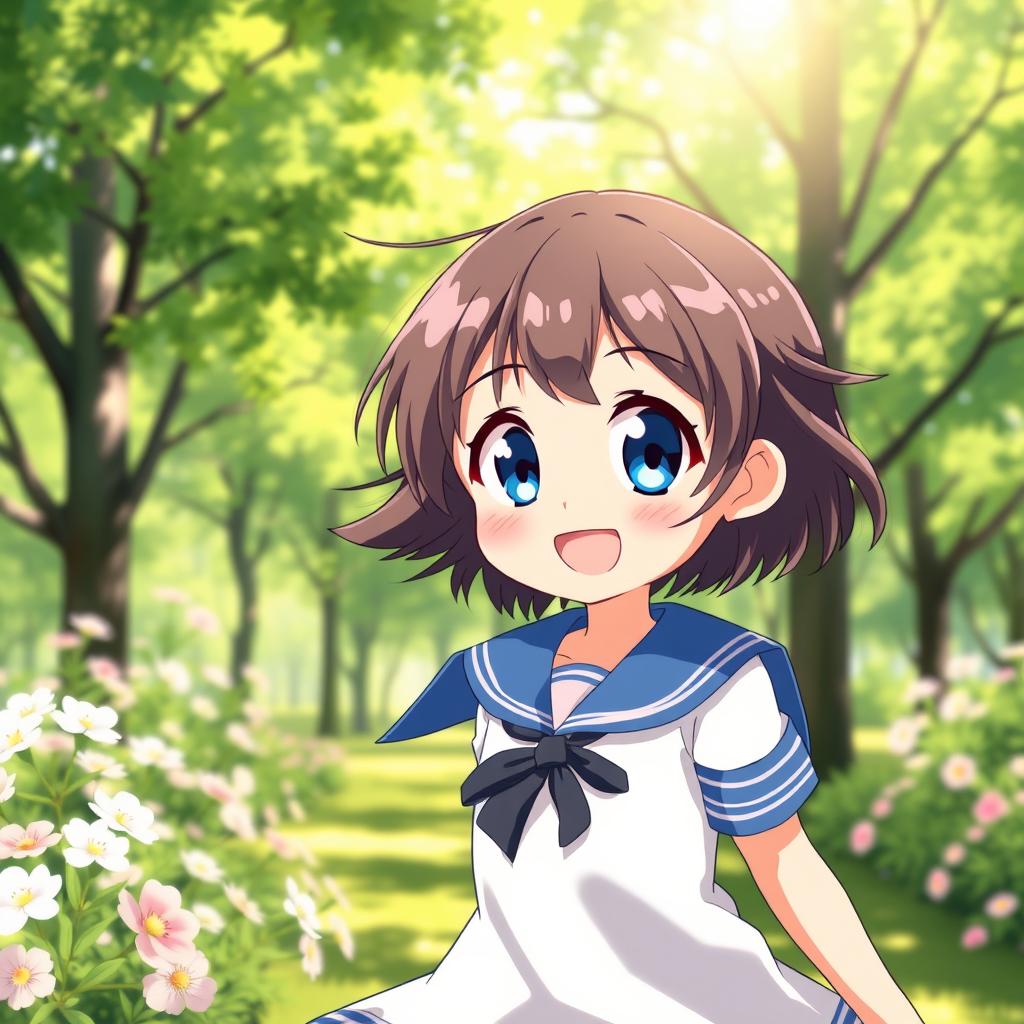 A cheerful anime girl character around the age of 8, featuring short dark brown hair and large bright blue eyes, dressed in an adorable sailor suit