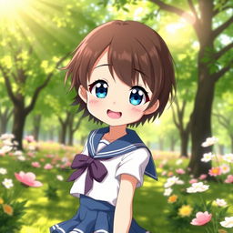 A cheerful anime girl character around the age of 8, featuring short dark brown hair and large bright blue eyes, dressed in an adorable sailor suit