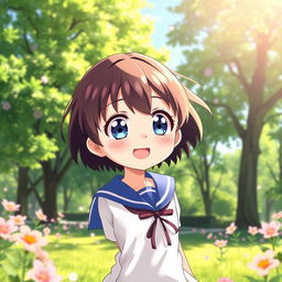 A cheerful anime girl character around the age of 8, featuring short dark brown hair and large bright blue eyes, dressed in an adorable sailor suit