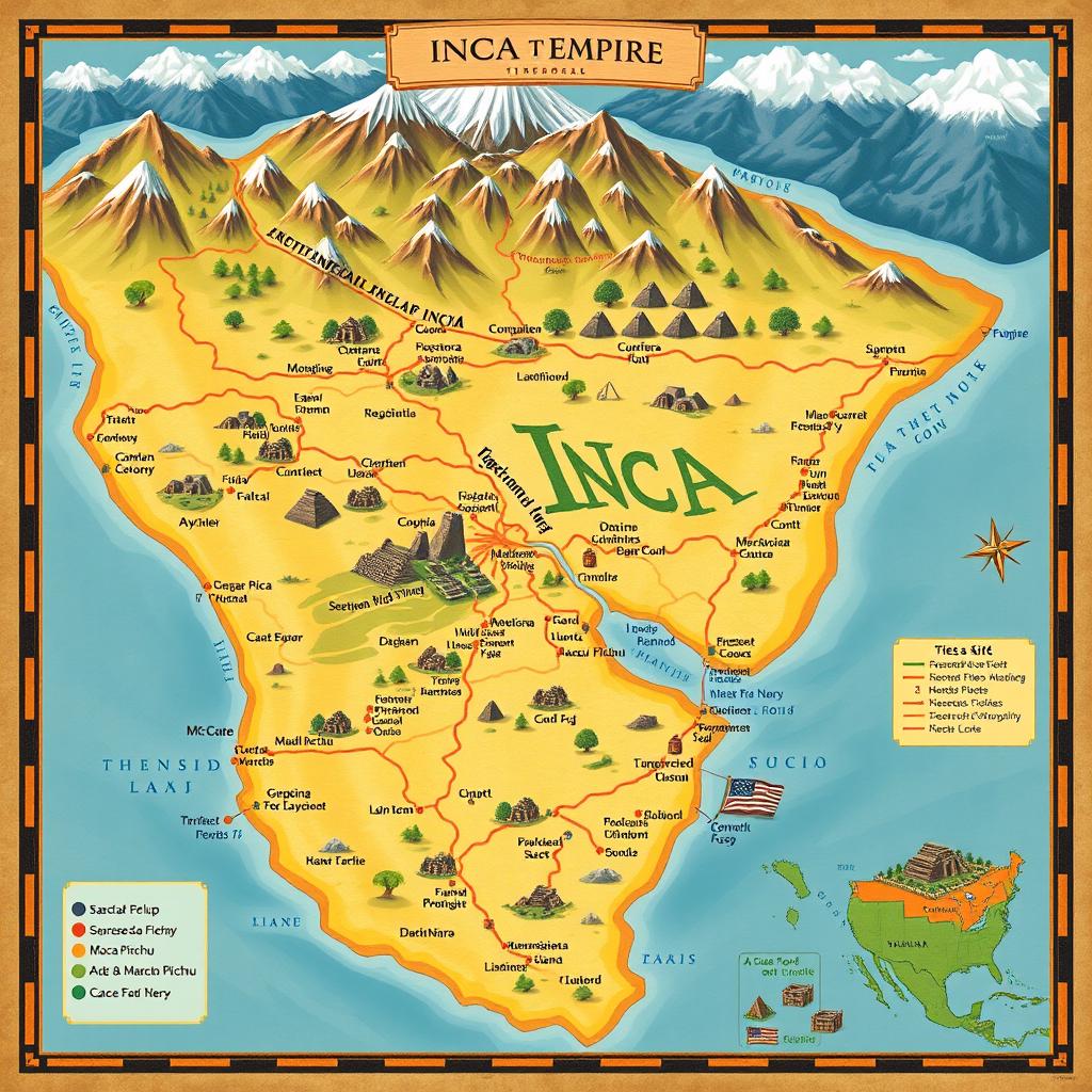 An illustrative map showcasing the vast territories of the Inca Empire, highlighting major cities such as Cusco, Machu Picchu, and the extensive network of roads and trade routes