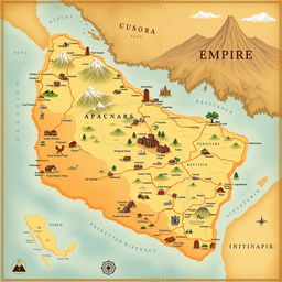 An illustrative map showcasing the vast territories of the Inca Empire, highlighting major cities such as Cusco, Machu Picchu, and the extensive network of roads and trade routes