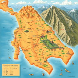 An illustrative map showcasing the vast territories of the Inca Empire, highlighting major cities such as Cusco, Machu Picchu, and the extensive network of roads and trade routes