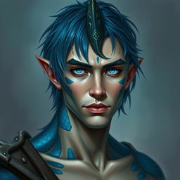 A half-body fantasy style painting portrait of a male human with Caucasian skin, featuring medium length blue hair