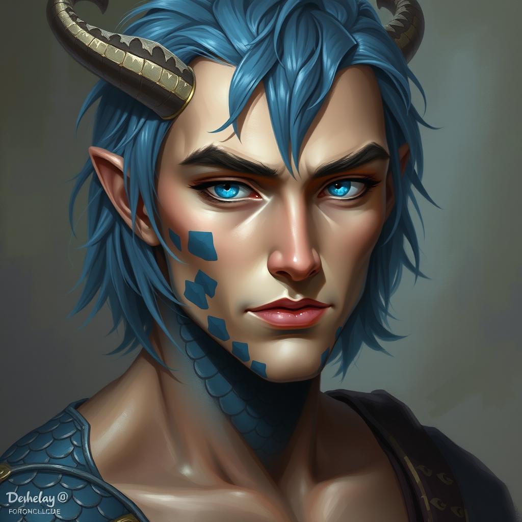 A half-body fantasy style painting portrait of a male human with Caucasian skin, featuring medium length blue hair