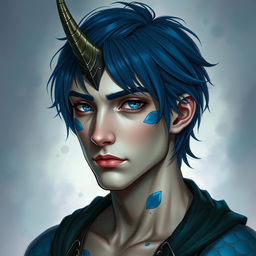 A half-body fantasy style painting portrait of a male human with Caucasian skin, featuring medium length blue hair
