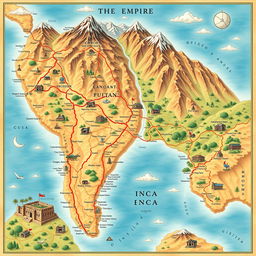 An illustrative map showcasing the vast territories of the Inca Empire, highlighting major cities such as Cusco, Machu Picchu, and the extensive network of roads and trade routes