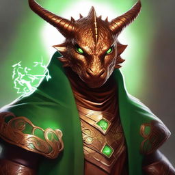 A stunning digital art piece in a realistic style, depicting a young copper dragonborn