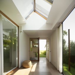 A luminous and airy house bathed in sunlight, with windows open for a refreshing breeze.