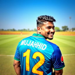 A portrait of a man wearing a bright blue Bangladeshi cricket jersey with the number 12 prominently displayed on the back