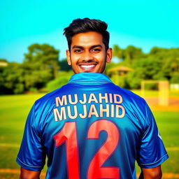 A portrait of a man wearing a bright blue Bangladeshi cricket jersey with the number 12 prominently displayed on the back