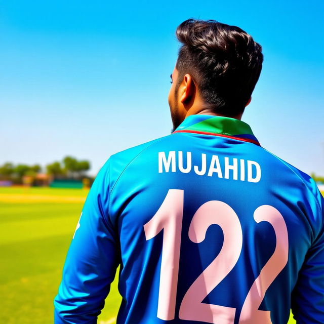 A portrait of a man wearing a bright blue Bangladeshi cricket jersey with the number 12 prominently displayed on the back