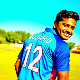 A portrait of a man wearing a bright blue Bangladeshi cricket jersey with the number 12 prominently displayed on the back