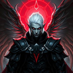 A manly male Drow paladin character with intense black eyes and striking white hair, perfectly clean-shaven