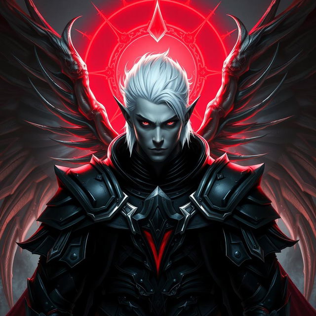 A manly male Drow paladin character with intense black eyes and striking white hair, perfectly clean-shaven