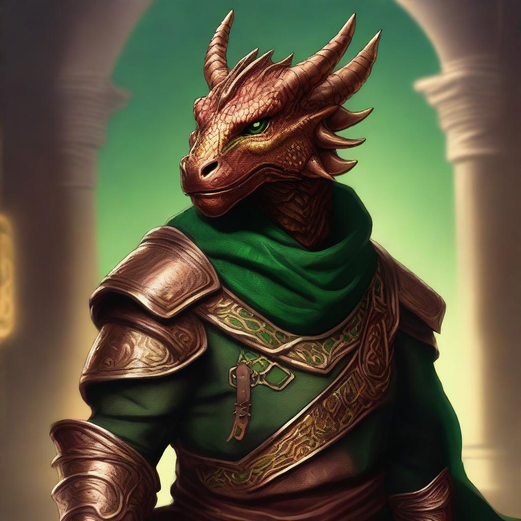 In this high-quality digital art piece, rendered in a realistic style, a young copper dragonborn is depicted