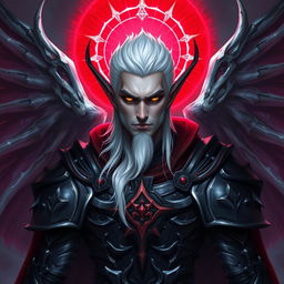 A manly male Drow paladin character with intense black eyes and striking white hair, perfectly clean-shaven