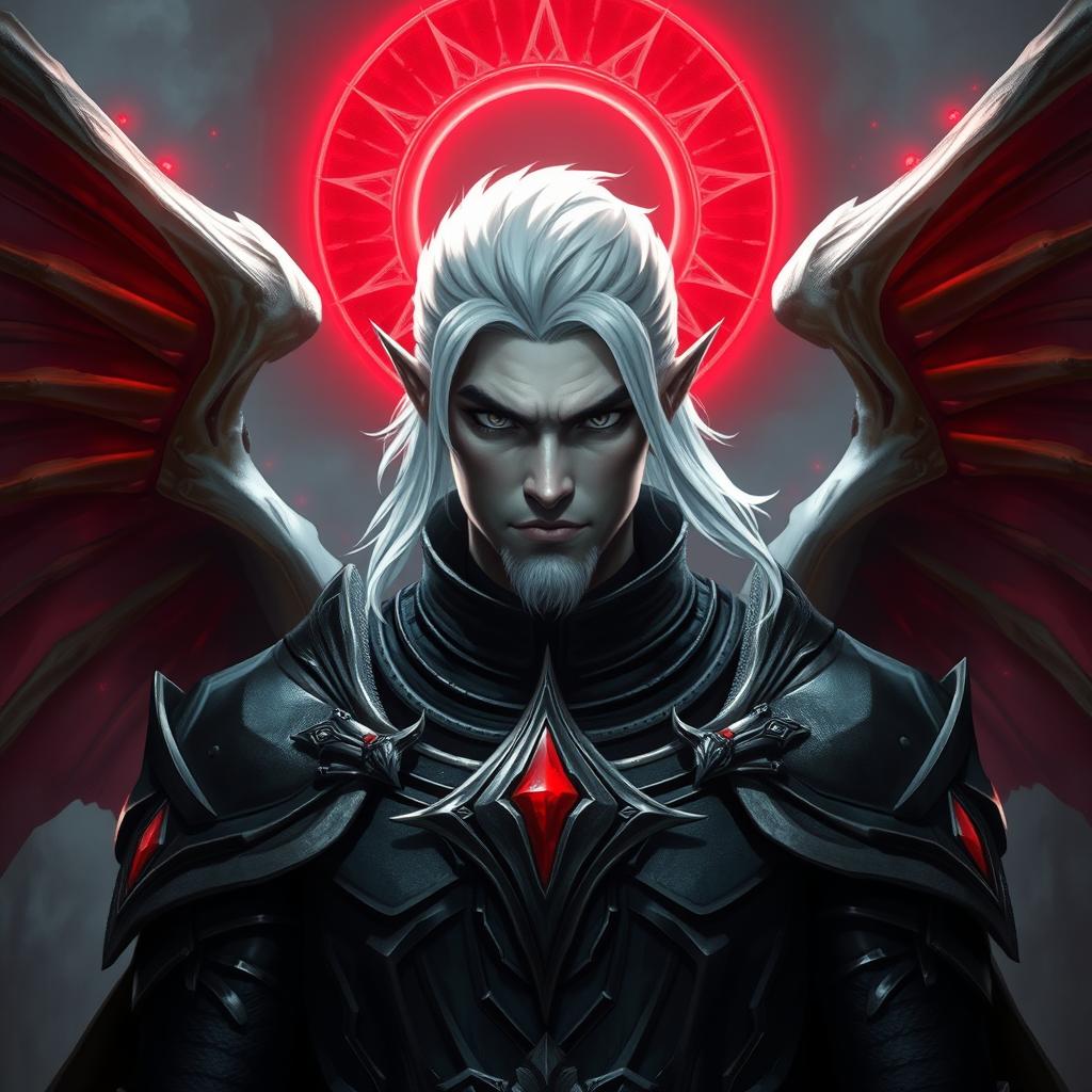 A manly male Drow paladin character with intense black eyes and striking white hair, perfectly clean-shaven