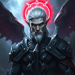A manly male Drow paladin character with intense black eyes and striking white hair, perfectly clean-shaven