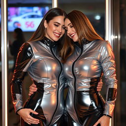 Two attractive slim women with big breasts, both wearing stylish black and silver tight shiny puffer suits that accentuate their figures