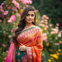 A beautiful Indian woman wearing an intricately designed sari, showcasing vibrant colors and beautiful patterns