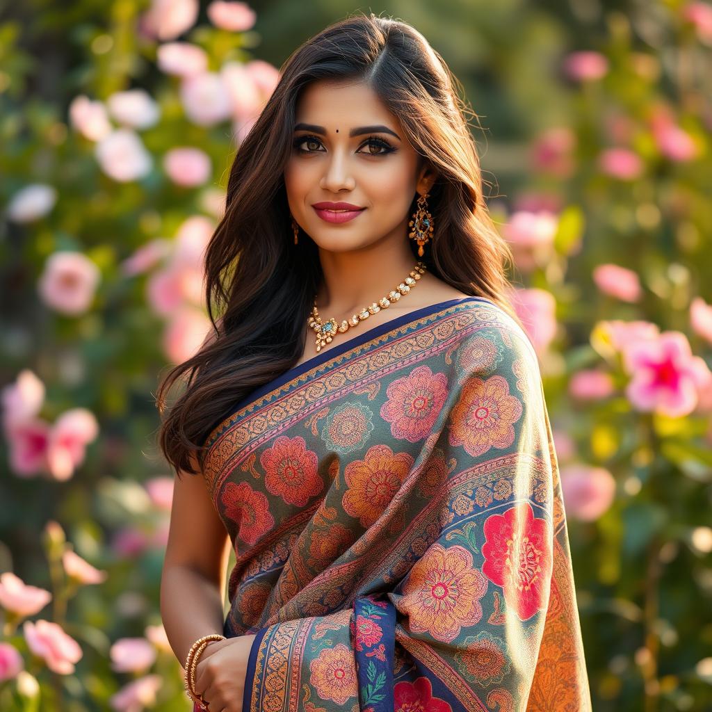 A beautiful Indian woman wearing an intricately designed sari, showcasing vibrant colors and beautiful patterns