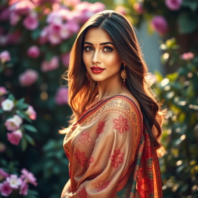 A beautiful Indian woman wearing an intricately designed sari, showcasing vibrant colors and beautiful patterns