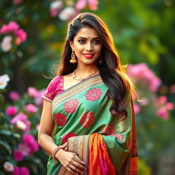 A beautiful Indian woman wearing an intricately designed sari, showcasing vibrant colors and beautiful patterns