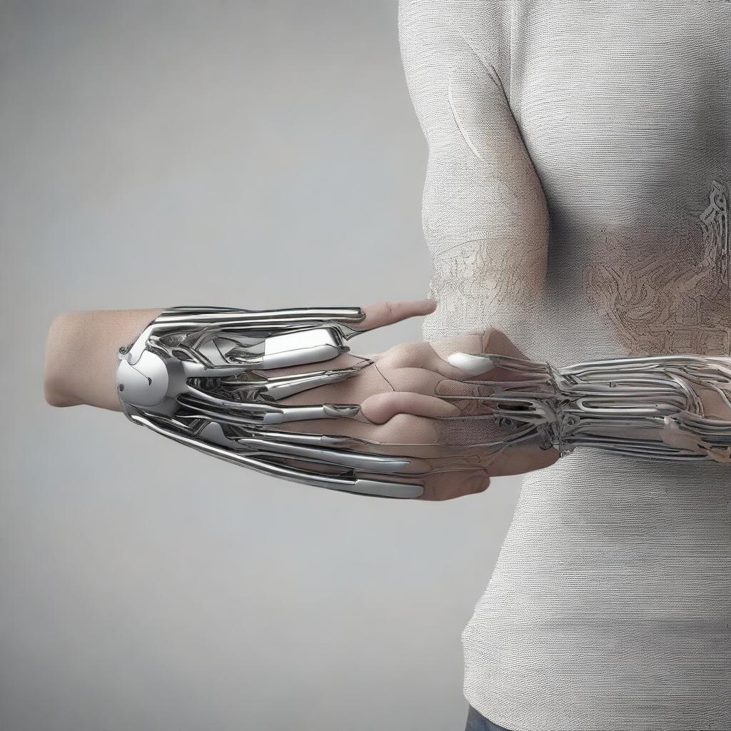 A high-quality digital art piece that showcases a person with a prosthesis on their arm