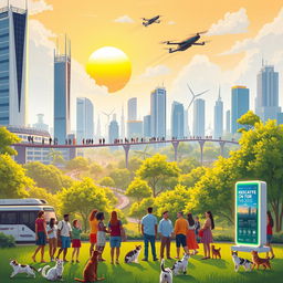 An imaginative and vibrant illustration of a futuristic city with lush green parks and advanced technology
