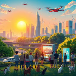 An imaginative and vibrant illustration of a futuristic city with lush green parks and advanced technology