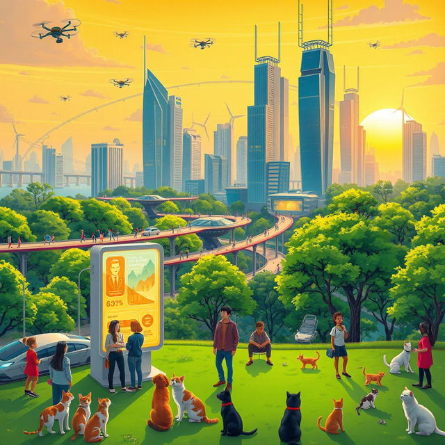 An imaginative and vibrant illustration of a futuristic city with lush green parks and advanced technology