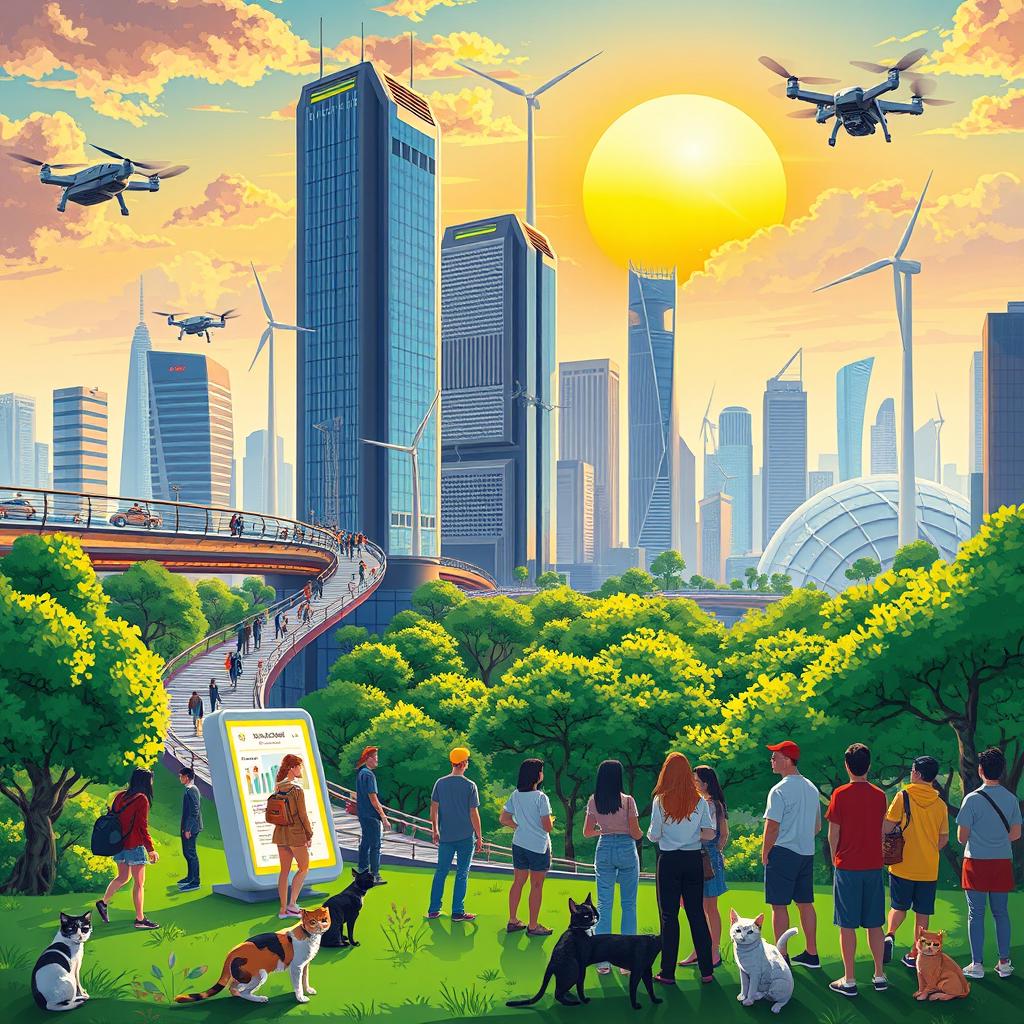 An imaginative and vibrant illustration of a futuristic city with lush green parks and advanced technology