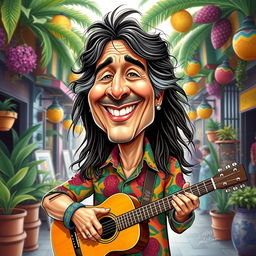 A detailed caricature of Caetano Veloso, featuring his signature long hair and expressive facial features