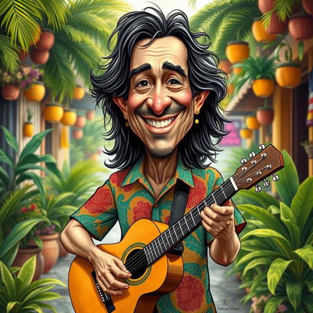 A detailed caricature of Caetano Veloso, featuring his signature long hair and expressive facial features