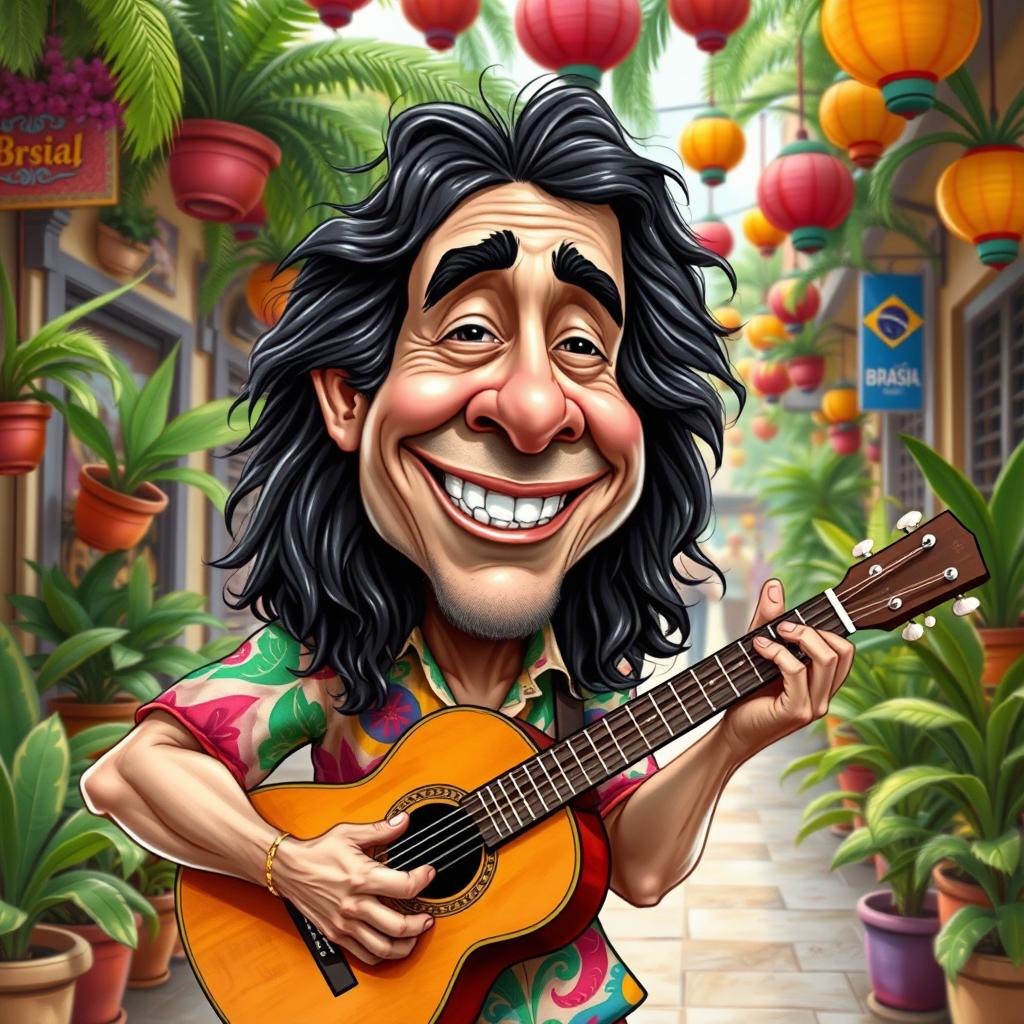 A detailed caricature of Caetano Veloso, featuring his signature long hair and expressive facial features