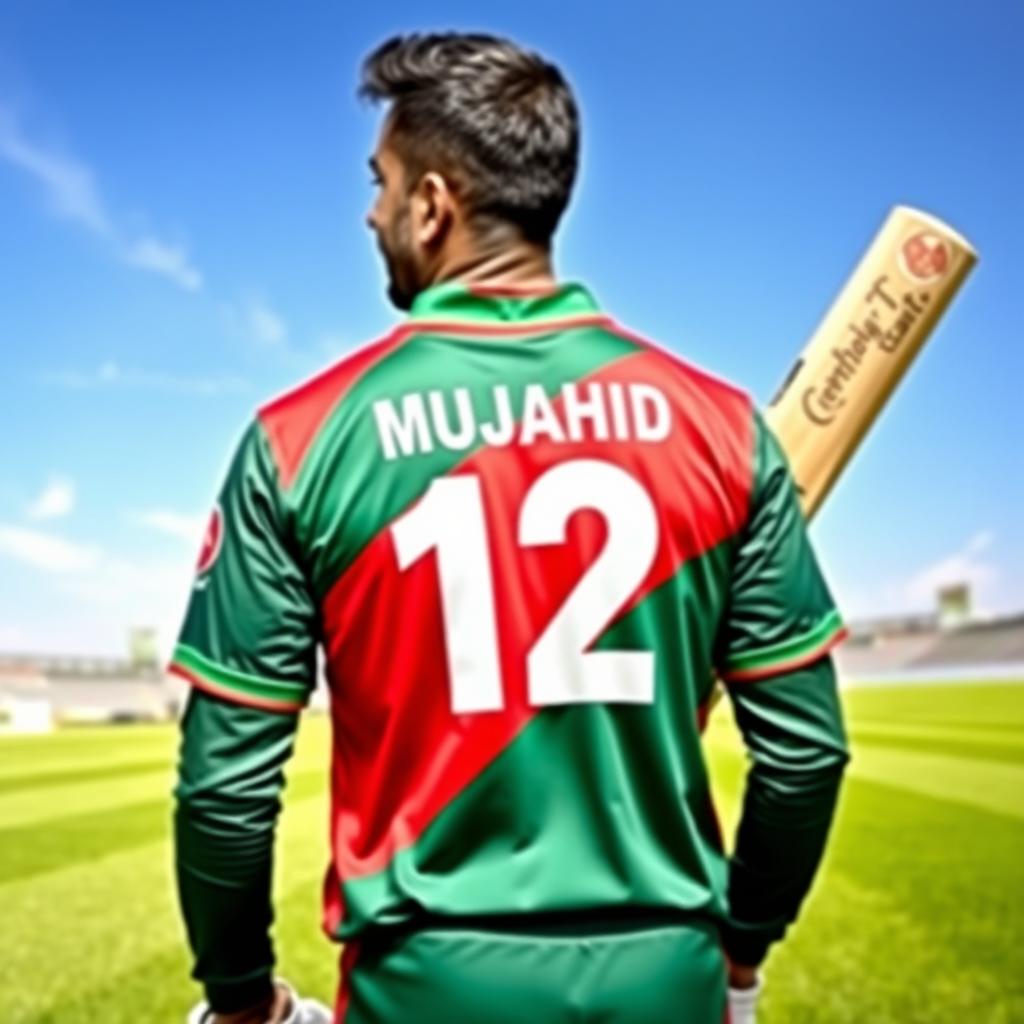 A man wearing a vibrant Bangladeshi cricket jersey, prominently displaying the number 12 and the name 'MUJAHID' on the back