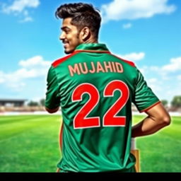 A man wearing a vibrant Bangladeshi cricket jersey, prominently displaying the number 12 and the name 'MUJAHID' on the back