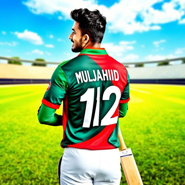 A man wearing a vibrant Bangladeshi cricket jersey, prominently displaying the number 12 and the name 'MUJAHID' on the back