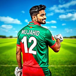 A man wearing a vibrant Bangladeshi cricket jersey, prominently displaying the number 12 and the name 'MUJAHID' on the back