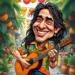 A detailed caricature of Caetano Veloso, featuring his signature long hair and expressive facial features