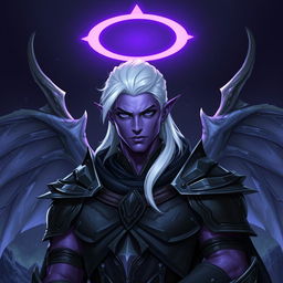 A male Drow paladin character with stunning purple skin, deep black eyes, and striking white hair, perfectly clean-shaven