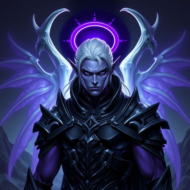 A male Drow paladin character with stunning purple skin, deep black eyes, and striking white hair, perfectly clean-shaven