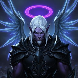 A male Drow paladin character with stunning purple skin, deep black eyes, and striking white hair, perfectly clean-shaven