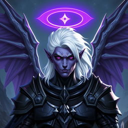 A male Drow paladin character with stunning purple skin, deep black eyes, and striking white hair, perfectly clean-shaven