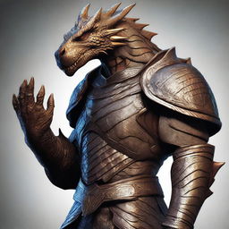 A high-quality digital art piece in a realistic style, showcasing a dragonborn with an arm prosthesis