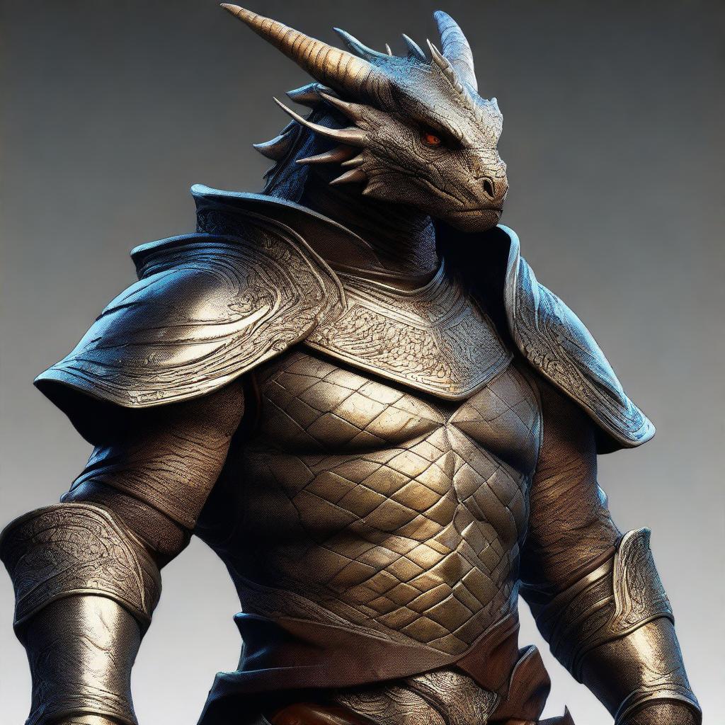 A high-quality digital art piece in a realistic style, showcasing a dragonborn with an arm prosthesis